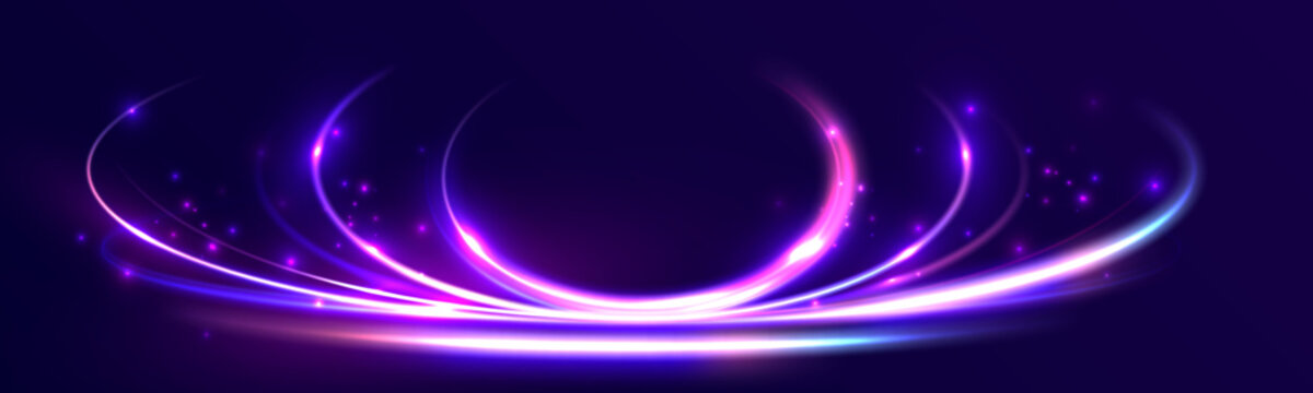 Glowing purple neon magic ring with sparkling energy trails and orbit effect isolated on transparent backgrounds