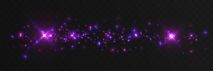 Purple glowing spark trail with magical star particles and light dust isolated on transparent backgrounds