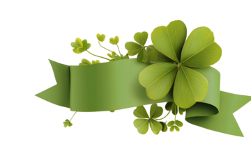 A vibrant design featuring four leaf clovers and a decorative ribbon