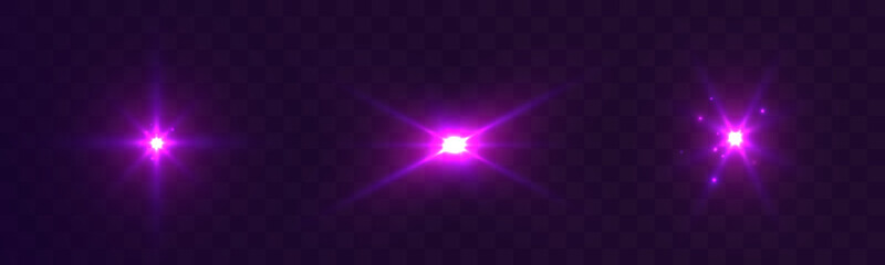 Bright purple starburst light flare with glowing rays and spark particles isolated on transparent backgrounds