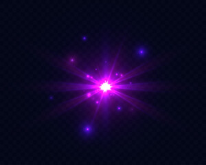 Bright purple starburst light flare with glowing rays and spark particles isolated on transparent backgrounds