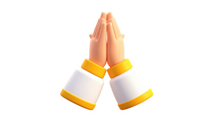 Two cartoon hands pressed together, against a black background, palms touching, fingers up, wearing white and gold sleeves