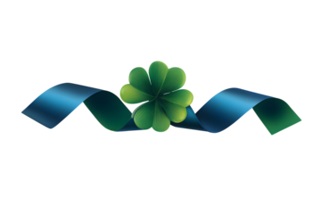 A vibrant green four leaf clover with a flowing blue ribbon design