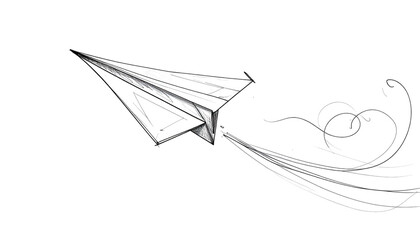 A grayscale paper airplane flies leaving a trail of swirling lines on a black background, creating a sense of movement