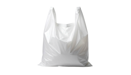 A translucent white plastic shopping bag standing upright against a black background, under bright lighting