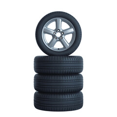 Stack of four car tires with one alloy wheel on top isolated on transparent background transparent background