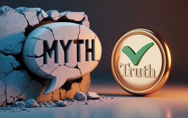A cracked stone speech bubble with 'MYTH' written on it beside a gold coin with a green checkmark and 'Truth' inscribed, on a dark background