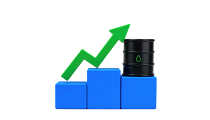 Green arrow atop blue blocks ascending to a black oil barrel on a dark backdrop