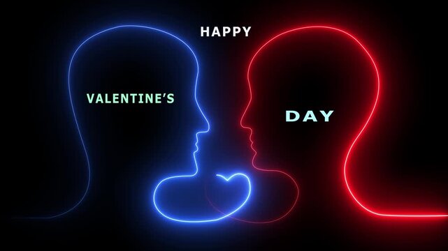 Happy Valentine&rsquo;s Day neon typography with glowing heart icon and romantic couple face line art on dark background.
