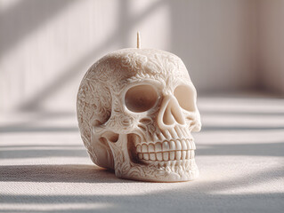 Intricate white skull shaped candle with floral carvings, Halloween party decor or gothic interior design ads