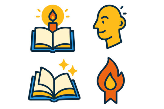 Modern Minimalist Icons. Flat vector icons of clarity and reflection: candle glow over open notebook, nodding head with spark of