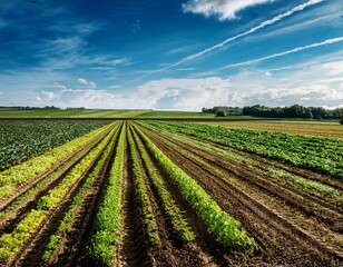 diverse cover crops thrive in expansive field under bright blue sky enhancing soil health and biodiversity