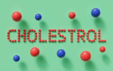 Red and blue spheres forming the word cholesterol on a green background