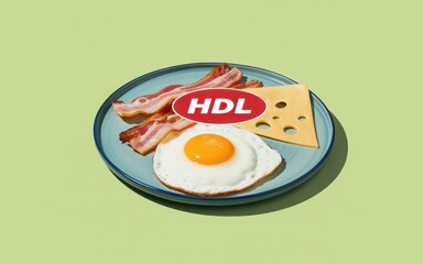 A plate of fried egg, bacon, and cheese with HDL label on a green background from a top view