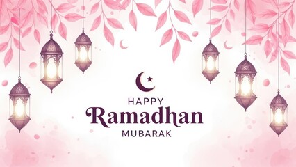 Elegant Ramadhan Mubarak wish with pink foliage and lanterns