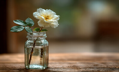 White rose in glass jar on wooden table with blurred background and copyspace, wedding decor or spa branding