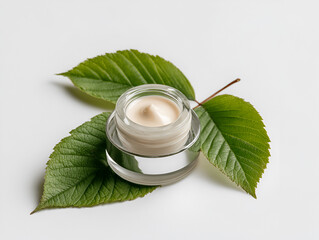 Cosmetic cream jar on green leaves over white background with copyspace, beauty brand or organic skincare ads