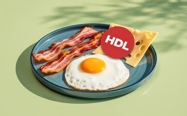 A plate of fried egg, bacon, and toast with HDL badge on a green surface under tree shadows