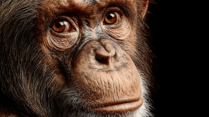 Detailed chimpanzee face looking away with thoughtful expression on black background, wildlife zoo or biology