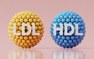 3D Illustration of LDL and HDL Cholesterol Particles on a Pink Background