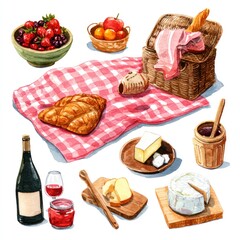 Picnic with fruit cheese and wine