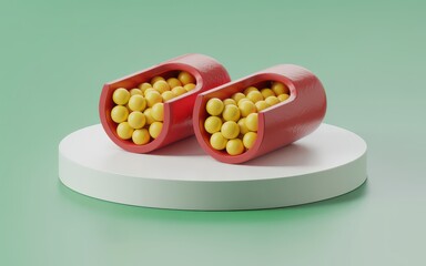 Red capsules filled with yellow pills on a white platform against a green background