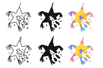 Star Pinata Styles. Star-shaped pinata bursting open mid-swing first in line style with thin outline, second in solid style filled