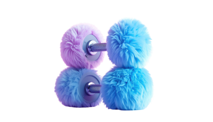 Digitally created dumbbell featuring two fluffy, brightly colored spheres on each end, rendered against a stark black backdrop