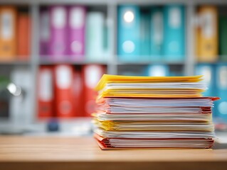 Stack of colorful office files sits on a wooden desk, background shows a shelf of binders