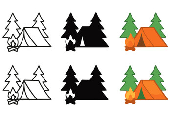 Obraz premium Colorful Campsite Illustration. Two tents near campfire surrounded by pine trees first in line style with thin outline, second in