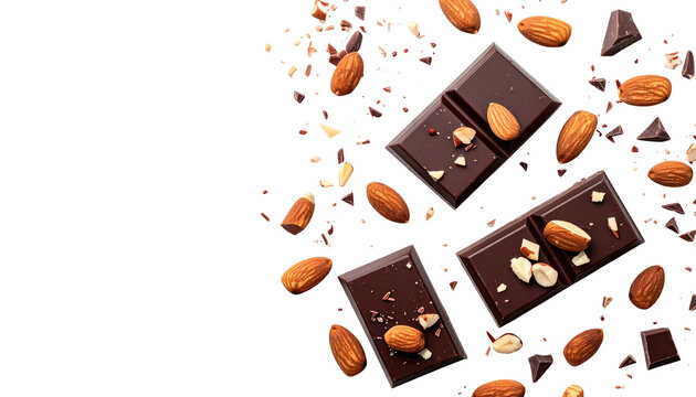 Overhead shot of chocolate bars adorned with almonds. Scattered cocoa nibs add texture against the black background