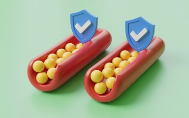 Pills in red capsules with blue shields and checkmarks on a green background