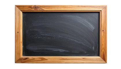 Close-up of a rectangular chalkboard with a weathered surface, framed by natural wood. The board displays chalk smudges, suggesting previous use