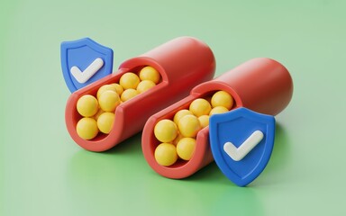 Two red capsules filled with yellow pills and protected by blue shields on a green background