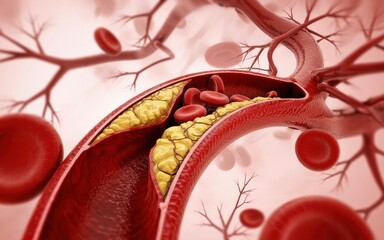 Cross-section of an artery with plaque buildup and blood cells flowing through the cardiovascular system