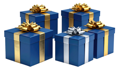 Five blue gift boxes with gold and silver bows, arranged close together