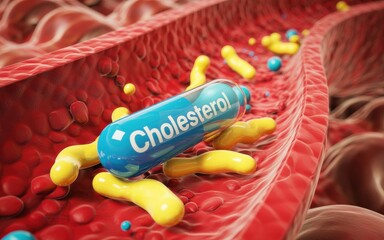 Cholesterol capsule amidst yellow fatty deposits inside a red artery