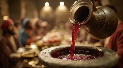A close-up shot of wine being poured into a stone vessel amidst a gathering