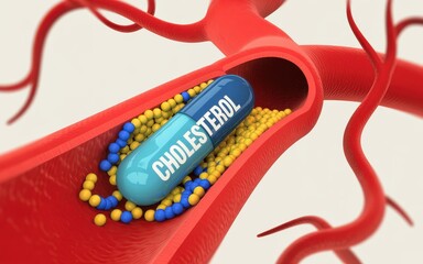 A 3D illustration of cholesterol plaque buildup inside a red artery with a blue pill labeled 'CHOLESTEROL' surrounded by yellow and blue particles
