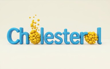 The word Cholesterol creatively illustrated with 3D yellow balls forming the letters against a clean white background