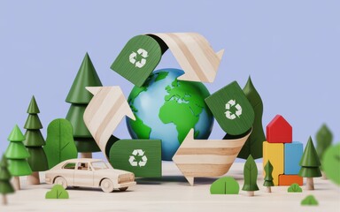 Eco-friendly global recycling effort in a serene landscape with vehicles and trees