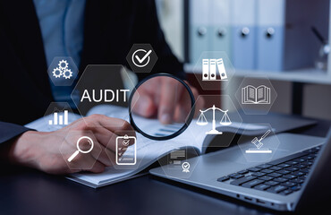 Internal business inspection and report evaluation concept, professional checking documents for quality assurance, compliance review, performance validation, and organizational accuracy.