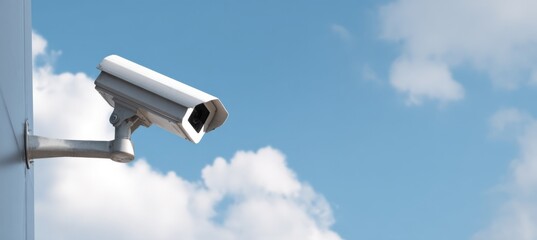 Surveillance camera on building wall against blue sky with clouds