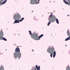 Cartoon bats seamless pattern. Funny bat, scary forest wild animals different emotions. Stylish print for fabric, textile, wallpaper, wrapping, nowaday vector background