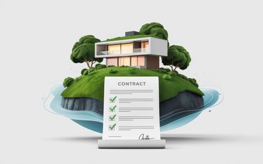 Modern house on a small island with a contract document in the foreground