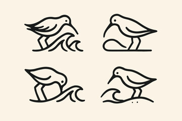 Obraz premium Waves and Bill Interaction. Icons for: waves rising toward a curved bill, soft surf meeting a focused outline, water arcs lifting