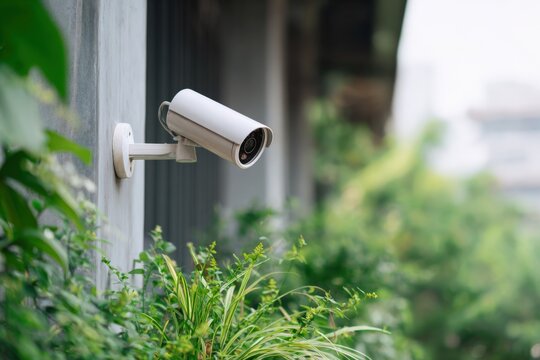 Outdoor security surveillance camera on building wall with greenery