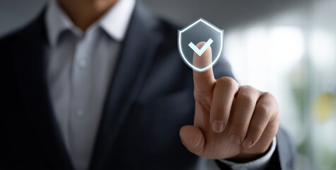 Businessman activating virtual security shield with modern technology interface