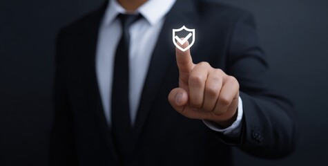 Businessman touching virtual security shield interface