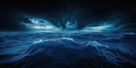 A dramatic seascape featuring dark, turbulent waves under a stormy sky, evoking a sense of power and mystery in the ocean's depths.